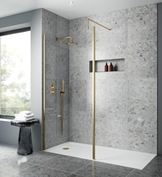Nuie Brushed Brass Outer Frame Wetroom Screens 8mm Glass