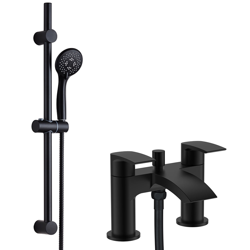 Hatton Matt Black Deck Mounted Bath Shower Mixer Tap & Rounded Shower ...