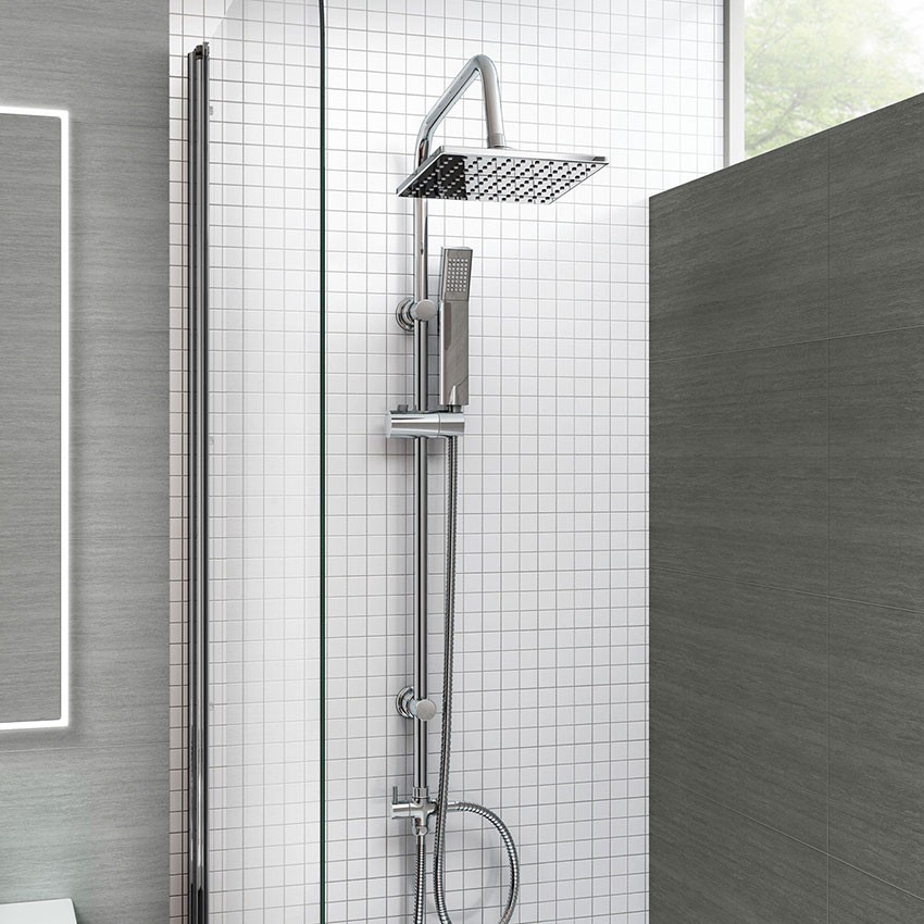 Chrome Square Rigid Riser Shower Rail Kit with 2 Way Diverter Valve