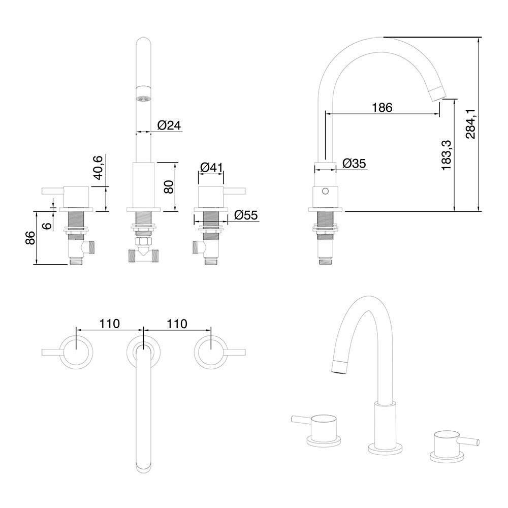 Oslo Matt Black Deck Mounted 3 Hole Basin Mixer Tap - Modern Round ...