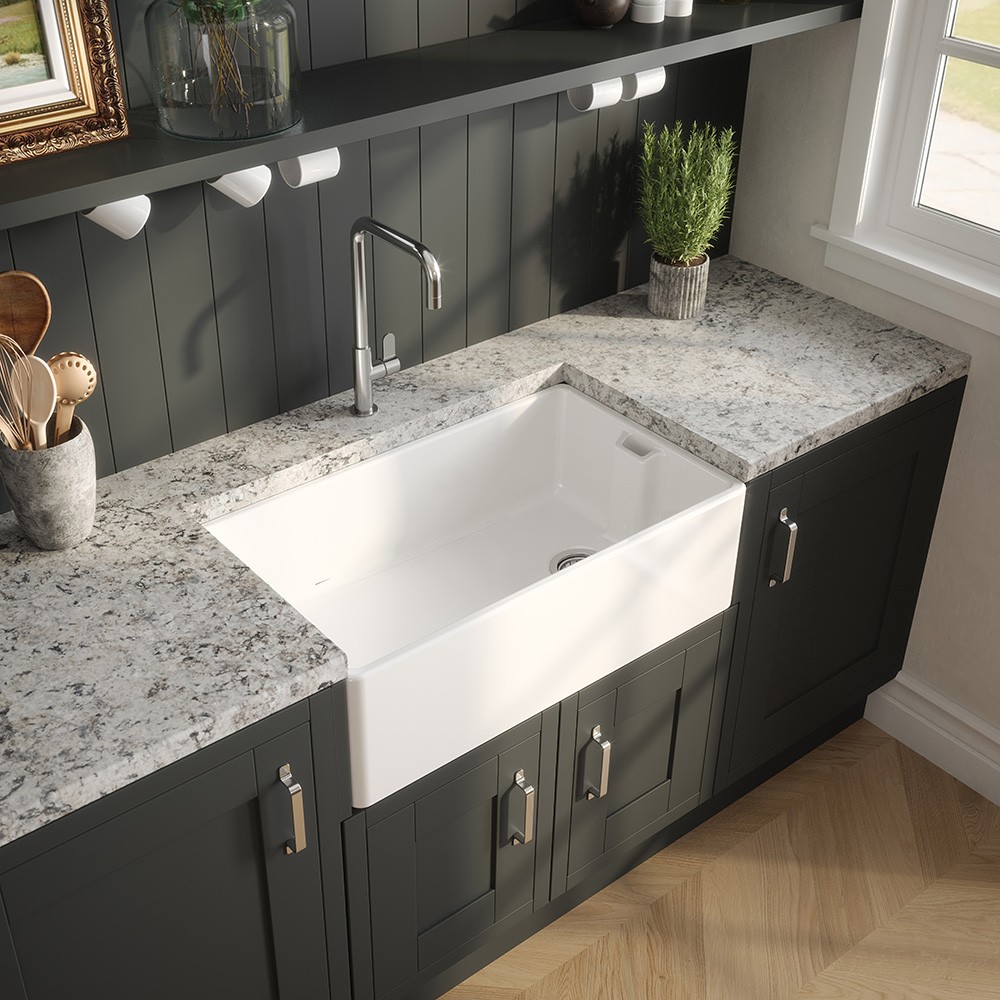 Nuie Fireclay Kitchen Belfast Single Bowl Sink with Overflow Weir 795mm