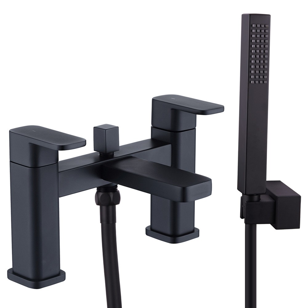 Medera Matt Black Deck Mounted Bath Shower Mixer Tap - Modern Square ...