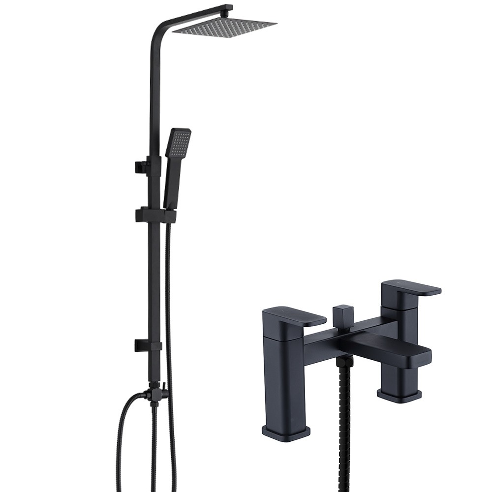 Medera Matt Black Deck Mounted Bath Shower Mixer Tap & Square 3 Way ...