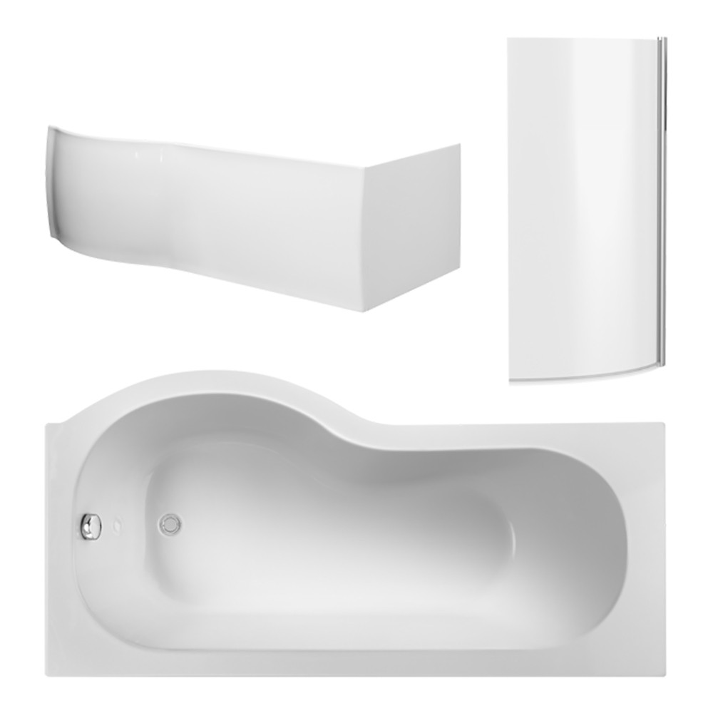 Nuie P-Shaped Shower Bath with Screen & Front Panel 1700mm L x 850mm W ...