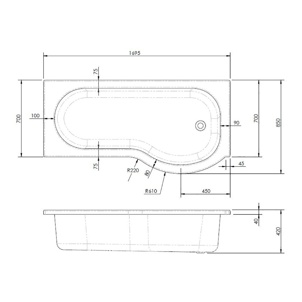 Nuie P-Shaped Shower Bath with Screen and Front Panel 1700mm L x 850mm ...