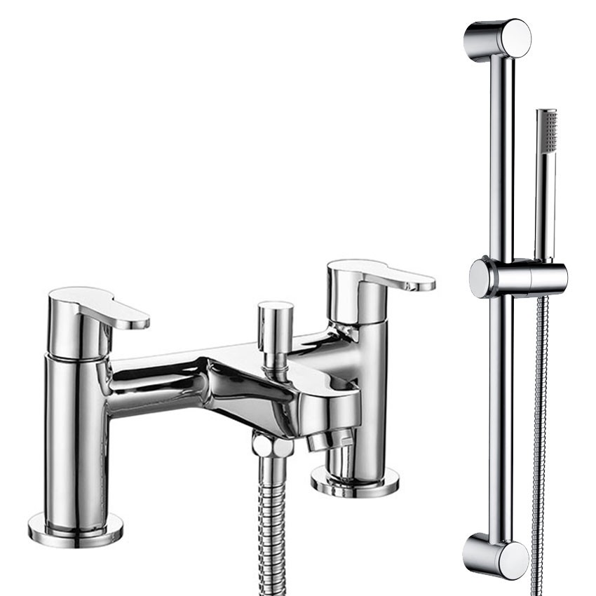 Jasmine Chrome Deck Mounted Bath Shower Mixer Tap & Shower Slider Rail