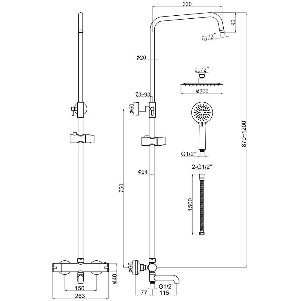 Oslo Wall Mounted Thermostatic Bath Shower Mixer Tap with Round Dual