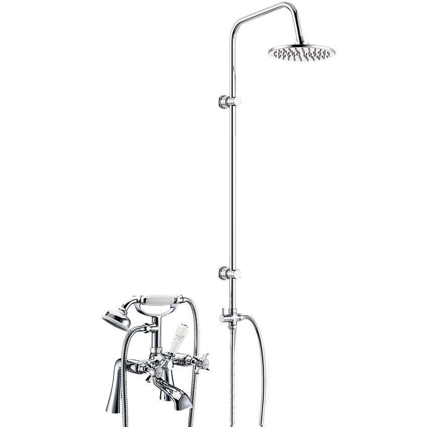 Traditional Bath Shower Mixer With 3 Way Round Rigid Riser Kit & Basin Taps Pair 