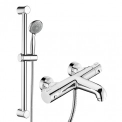 Oslo Chrome Wall Mounted Thermostatic Bath Shower Mixer Tap & Modern Round Slider Shower Rail Kit