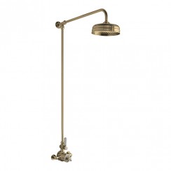 Old London by Hudson Reed Brushed Brass Traditional Rigid Riser Shower Kit with Exposed Thermostatic Shower Valve - White Indices & Lever A8120-CO-1