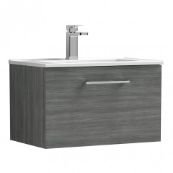 Nuie Arno 600mm Wall Hung 1-Drawer Vanity Unit & Minimalist Basin - Anthracite Woodgrain - ARN522B-CO-1