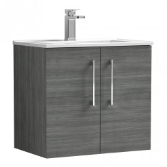 Nuie Arno 600mm Wall Hung 2-Door Vanity Unit & Minimalist Basin - Anthracite Woodgrain - ARN523B-CO-1