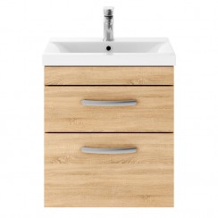 Athena Natural Oak 500mm Wall Hung 2 Drawer Cabinet & Basin 1