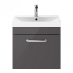 Nuie Athena 500mm Wall-hung 1-Drawer Vanity Unit with Thin-Edge Basin - Gloss Grey - ATH073D-CO-1
