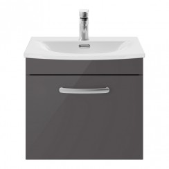 Nuie Athena 500mm Wall Hung 1-Drawer Vanity Unit with Curved Basin - Gloss Grey - ATH073G-CO-1