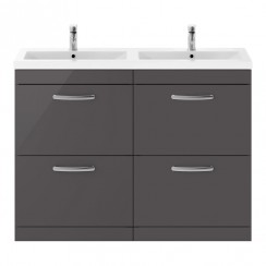 Nuie Athena 1200mm Floor Standing 4-Drawer Vanity Unit with Double Ceramic Basin - Gloss Grey - ATH076F-CO-1