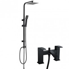 Chelsea Matt Black Deck Mounted Bath Shower Mixer Tap & Square 3 Way Telescopic Rigid Riser Shower Rail Kit - Modern Square Design - MBT40K+SRRNV-1BK