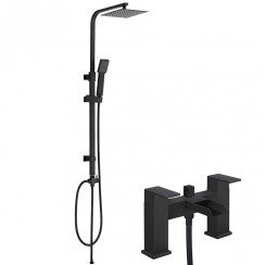 Kensington Matt Black Modern Square Waterfall Bath Shower Mixer Tap & 3 Way Square Rigid Riser Rail Kit