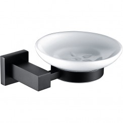 Wall Mounted White Ceramic Soap Dish & Matt Black Holder - Modern Square Design - BA5AX-K