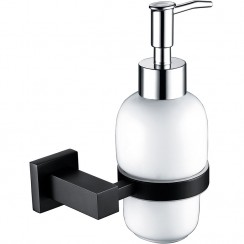 Wall Mounted White Ceramic Soap Dispenser & Matt Black Holder - Modern Square Design - BA7AX-K