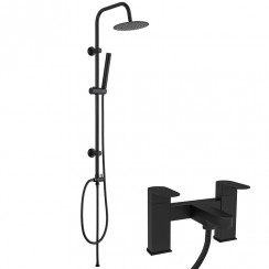 Valetta Matt Black Modern Round Bath Shower Mixer Tap & 3 Way Round Rigid Riser Rail Kit