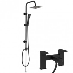 Valetta Matt Black Modern Round Bath Shower Mixer Tap & 3 Way Square Rigid Riser Rail Kit