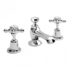 Old London by Hudson Reed Topaz Chrome Crosshead 3-Hole Basin Mixer Tap with Dome Collar - White Indices - BC307DX CO-1