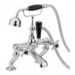 Old London by Hudson Reed Topaz Chrome Crosshead Deck Mounted Bath Shower Mixer Tap with Hexagonal Collar - Black Indices
