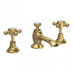 Old London by Hudson Reed Topaz Brushed Brass Crosshead 3-Hole Basin Mixer Tap with Hexagonal Collar - White Indices