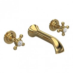 Old London by Hudson Reed Topaz Brushed Brass Crosshead 3-Hole Wall Mounted Basin Mixer Tap with Hexagonal Collar - White Indices
