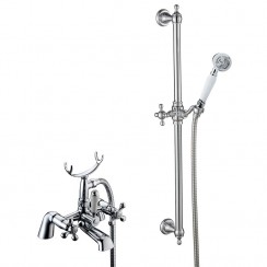 Belmont Traditional Chrome Deck Mounted Bath Shower Mixer Tap with Small Handset & Slider Shower Rail Kit - TBT04C+TSRS1K