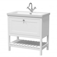 Bexley 800mm Pure White Floor Standing 1 Drawer Vanity & 1 Tap Hole Contemporary Fireclay Basin - Old London by Hudson Reed