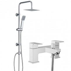 Boston Chrome Deck Mounted Bath Shower Mixer Tap & Square 3 Way Rigid Riser Shower Rail Kit- MBT105C+SRRNV1- CO-1