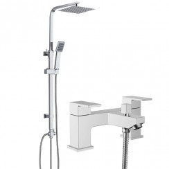 Boston Chrome Deck Mounted Bath Shower Mixer Tap & Square 3 Way Telescopic Rigid Riser Shower Rail Kit- MBT105C+SRRNV-1B- CO-1
