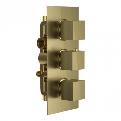 Brushed Brass Modern Square Concealed Thermostatic Shower Mixer Valve Triple Control - 2 Outlet Diverter - CV2BB-T2WAY