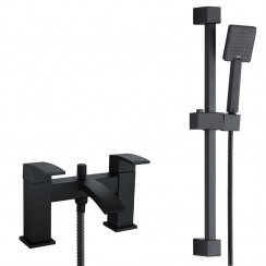 Chelsea Matt Black Deck Mounted Bath Shower Mixer Tap & Shower Slider Rail Kit - Modern Square Design - MBT40K+SRS19K