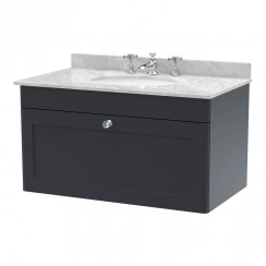 Nuie Classique 800mm Wall Hung 1-Drawer Vanity Unit & Grey Marble Top Basin 3TH - Satin Anthracite CLC1496GR3-CO-1