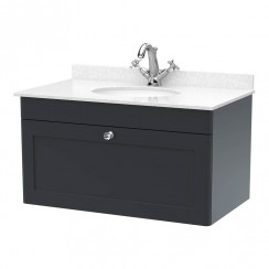 Nuie Classique 800mm Wall Hung 1-Drawer Vanity Unit & Round White Marble Top Basin 1TH - Satin Anthracite CLC1496WR1-CO-1