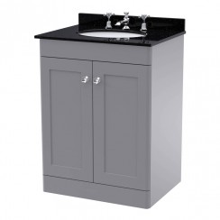 Nuie Classique 600mm Floor Standing 2-Door Vanity Unit & Black Marble Top Basin 3TH - Satin Grey CLC225BR3-CO-1