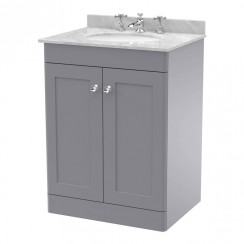 Nuie Classique 600mm Floor Standing 2-Door Vanity Unit & Grey Marble Top Basin 3TH - Satin Grey CLC225GR3-CO-1