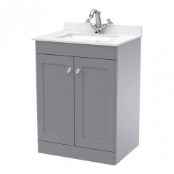 Nuie Classique 600mm Floor Standing 2-Door Vanity Unit & Square White Marble Top Basin 1TH - Satin Grey CLC225WS1-CO-1