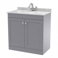 Nuie Classique 800mm Floor Standing 2-Door Vanity Unit & Grey Marble Top Basin 1TH - Satin Grey CLC226GR1-CO-1