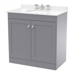 Nuie Classique 800mm Floor Standing 2-Door Vanity Unit & White Marble Top Basin 3TH - Satin Grey CLC226WR3-CO-1