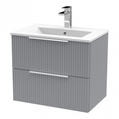 Hudson Reed Fluted 600mm Wall Hung 2-Drawer Vanity Unit & Minimalist Basin 1TH - Satin Grey - DFF293B-CO-1