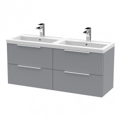 Hudson Reed Fluted 1200mm Wall Hung 4-Drawer Vanity Unit & Double Polymarble Basin 2 x 1TH - Satin Grey - DFF293C-CO-1