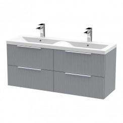 Hudson Reed Fluted 1200mm Wall Hung 4-Drawer Vanity Unit & Double Ceramic Basin 2 x 1TH - Satin Grey - DFF293F-CO-1