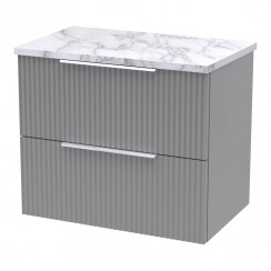 Hudson Reed Fluted 600mm Wall Hung 2-Drawer Vanity Unit & Matt Carrera Marble Laminate Worktop - Satin Grey - DFF293LCM-CO-1