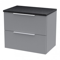 Hudson Reed Fluted 600mm Wall Hung 2-Drawer Vanity Unit & Sparkling Black Worktop - Satin Grey - DFF293LSB-CO-1