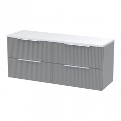Hudson Reed Fluted 1200mm Wall Hung 4-Drawer Vanity Unit & Sparkling White Worktop - Satin Grey - DFF293LSW2-CO-1