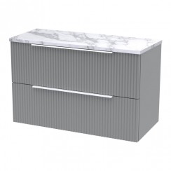 Hudson Reed Fluted 800mm Wall Hung 2-Drawer Vanity Unit & Matt Carrera Marble Laminate Worktop - Satin Grey - DFF295LCM-CO-1
